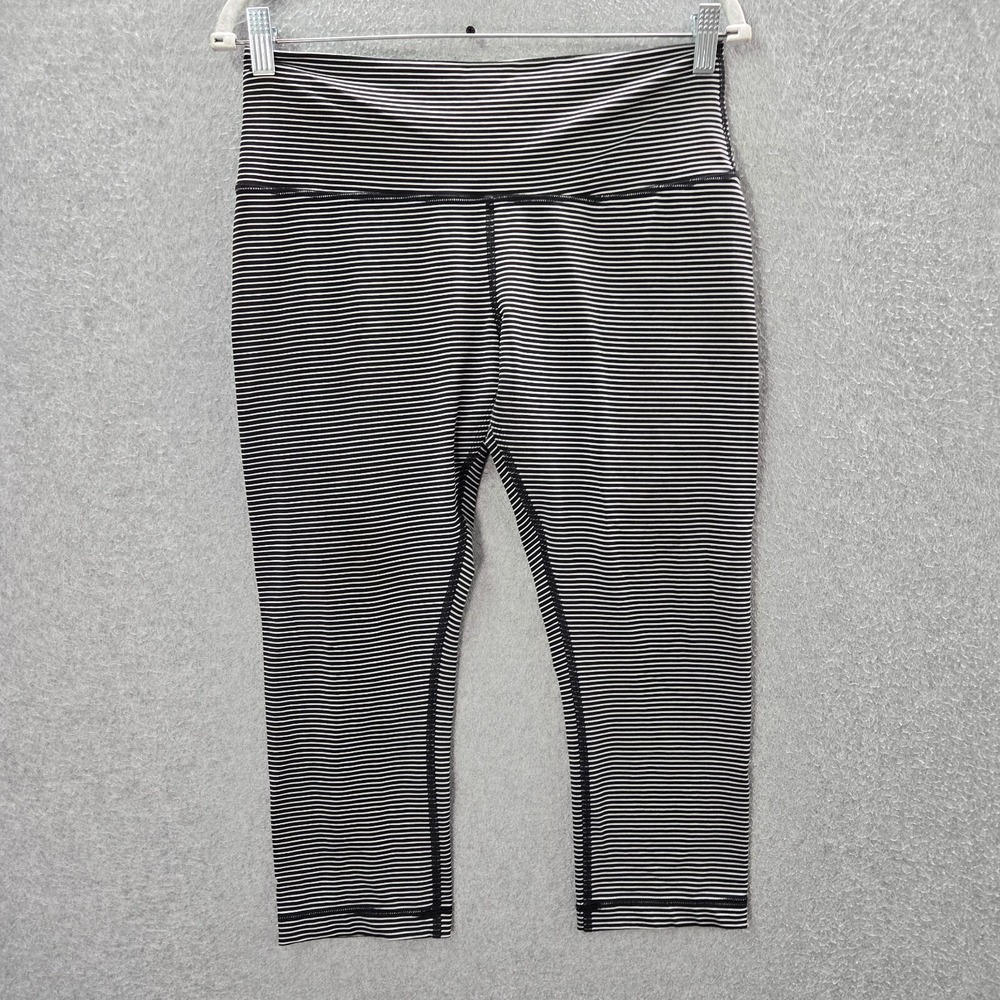 Lululemon Women Activewear Pants 12 Black White Wunder Under Crop Leggings Logo
